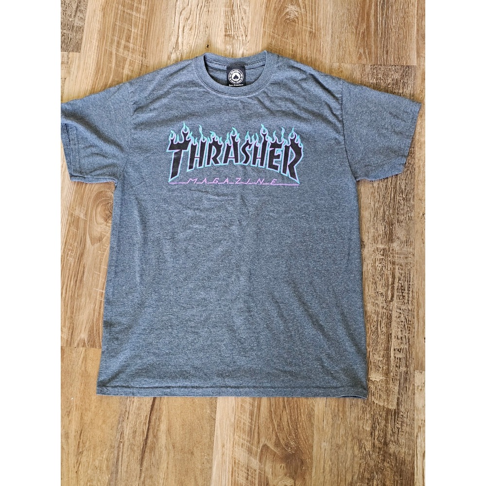 Thrasher Magazine Flame Logo T-Shirt Mens Medium Heather Grey Teal Purple Skate